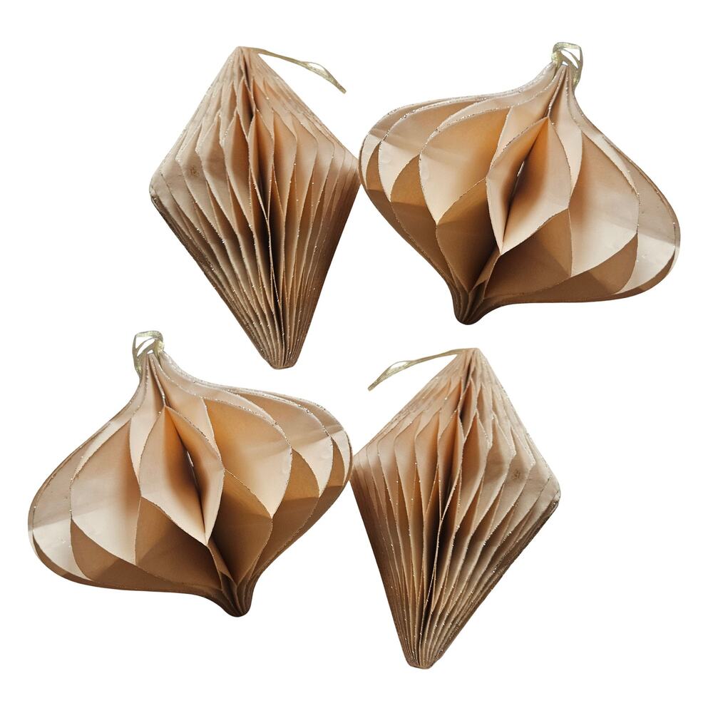 4 LARGE Accordion Paper Ornaments Black Glitter Edge Tan Hook/Loop Close